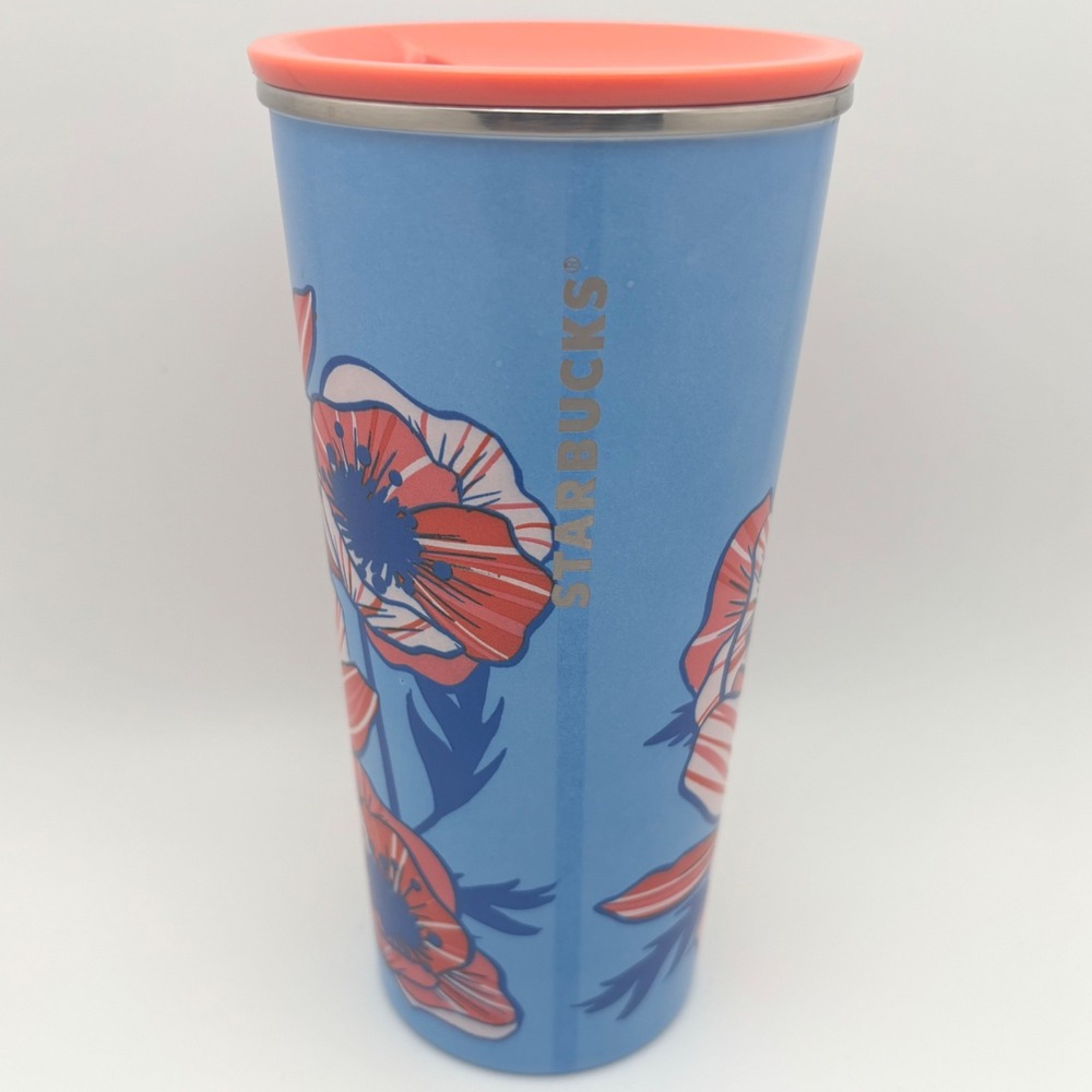 Starbucks Blue Floral Poppy Stainless Steel Travel Tumbler 16oz Coral Lid 2018 - Picture 2 of 5